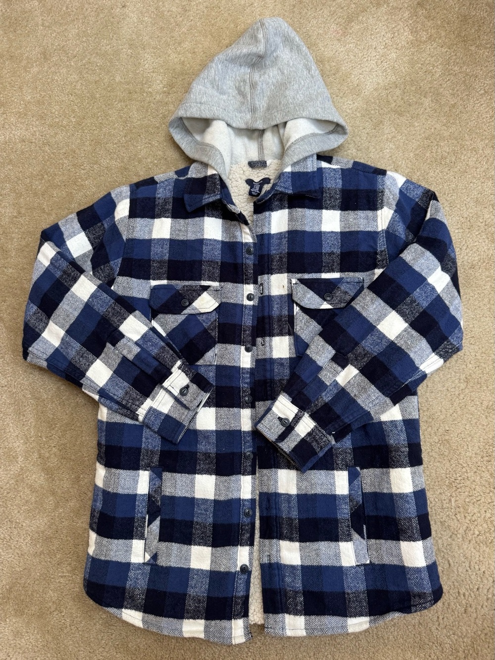 GAP Sz XXL (13/14) Unisex Blue, Navy & White Plaid Hooded Shirt Jacket